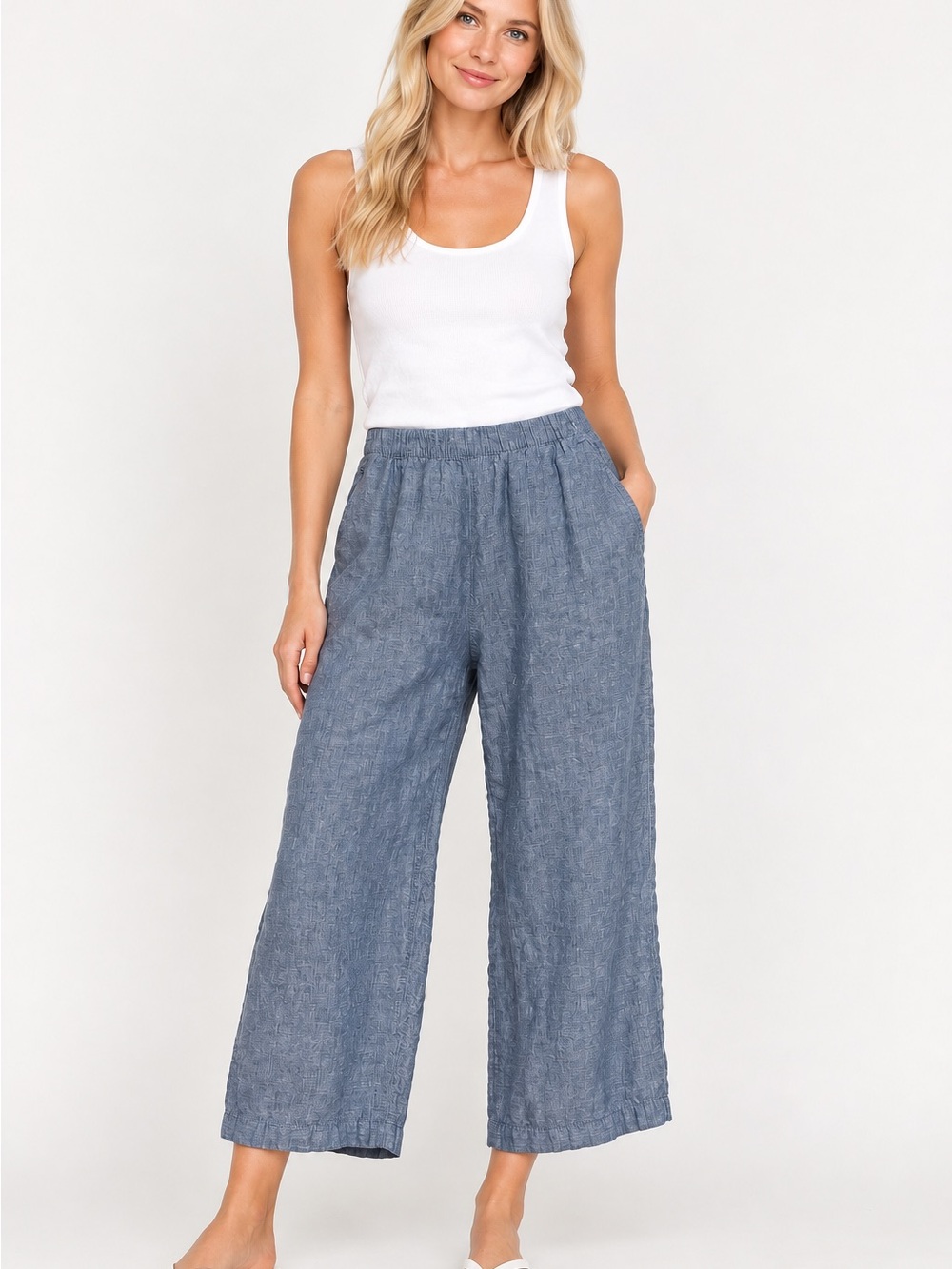 Cynthia Rowley Blue Wide-Leg 100% Linen Cropped Elastic Waist Pants Size Large